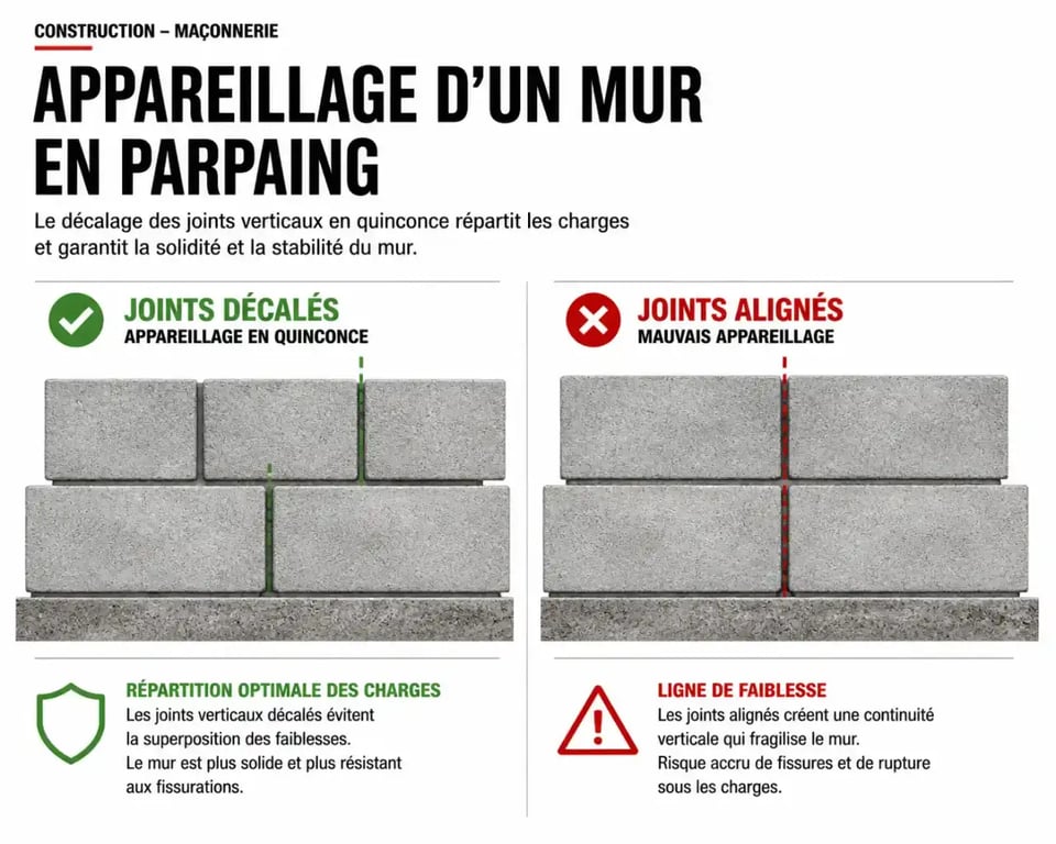 Schéma de l'appareillage des parpaings d'un abri de jardin avec joints décalés