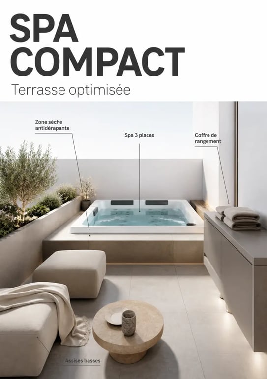 Aménagement spa extérieur sur une terrasse compacte avec spa 3 places et ambiance cocooning
