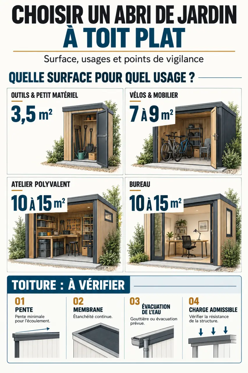 Infographie pour choisir un abri de jardin à toit plat selon l’usage et la surface