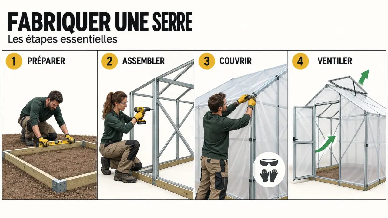 Étapes pour fabriquer une serre de jardin avec structure, couverture et ventilation