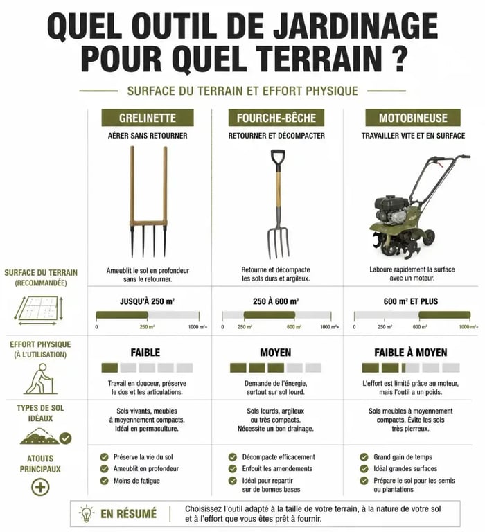 Tableau comparatif des outils pour retourner la terre au potager selon la surface et l'effort