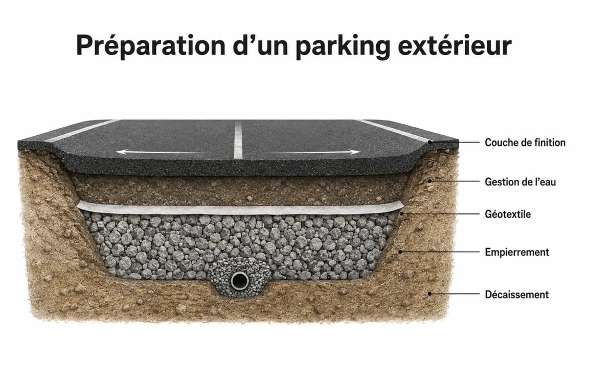 Aménagement parking extérieur : coupe simplifiée de la préparation du terrain et du drainage