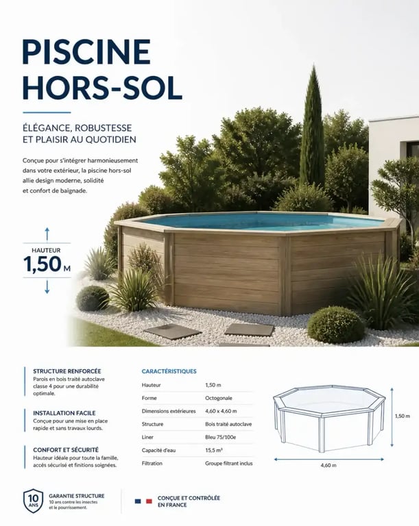 Intégration esthétique d'une piscine hors sol 1m50 hauteur dans un jardin paysager