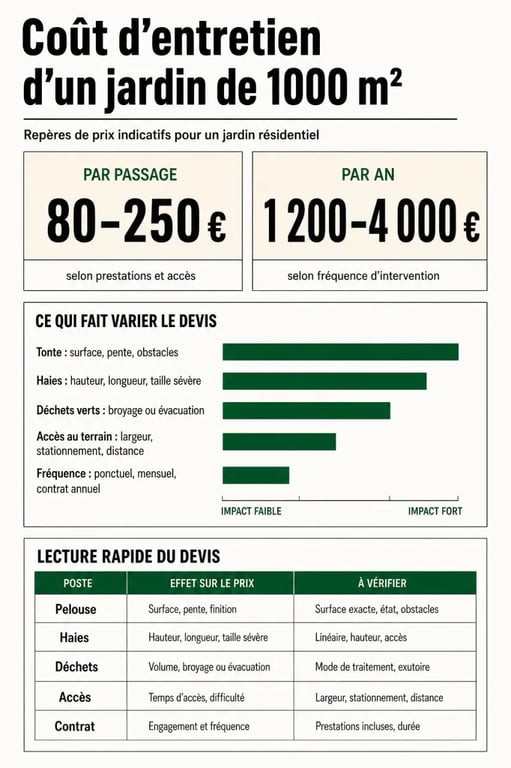 Infographie sur le coût entretien jardin 1000 m2 avec fourchettes par passage, budget annuel et facteurs de variation