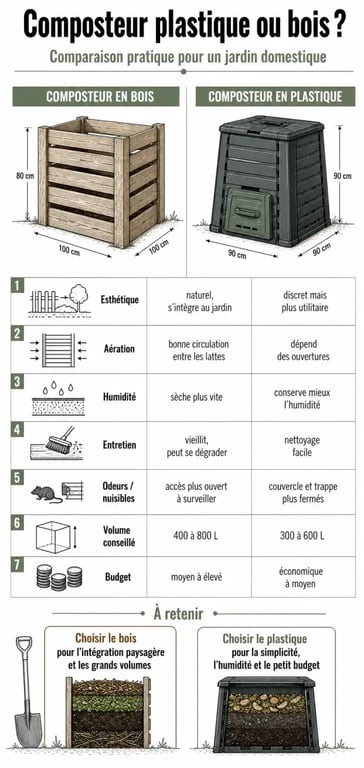 Infographie comparative composteur plastique ou bois avec critères de choix