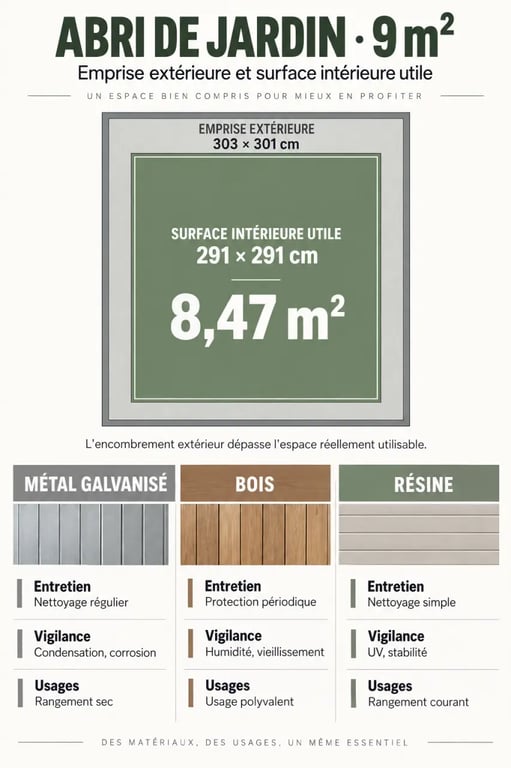 Infographie comparative pour choisir un abri de jardin 9m2 selon la surface utile et le matériau