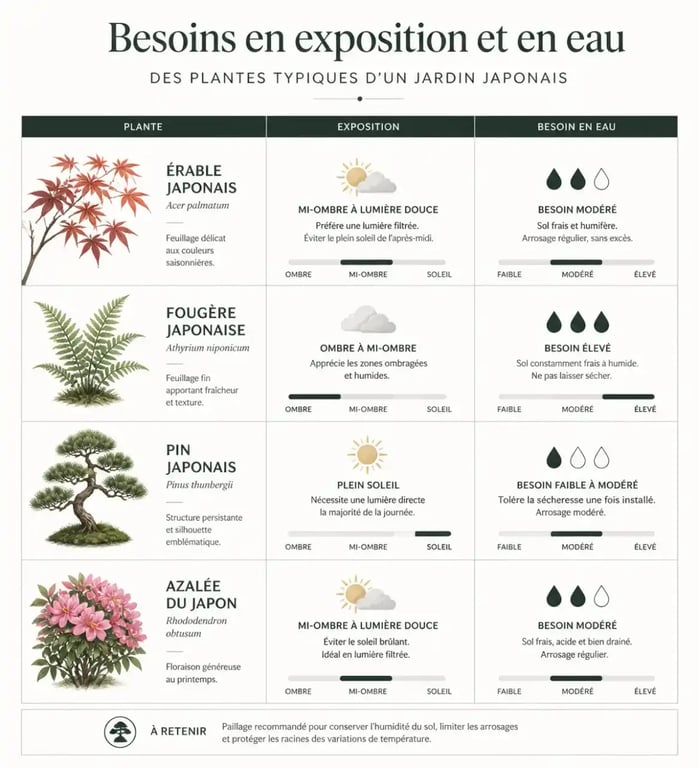 Tableau récapitulatif des besoins des plantes pour jardin japonais