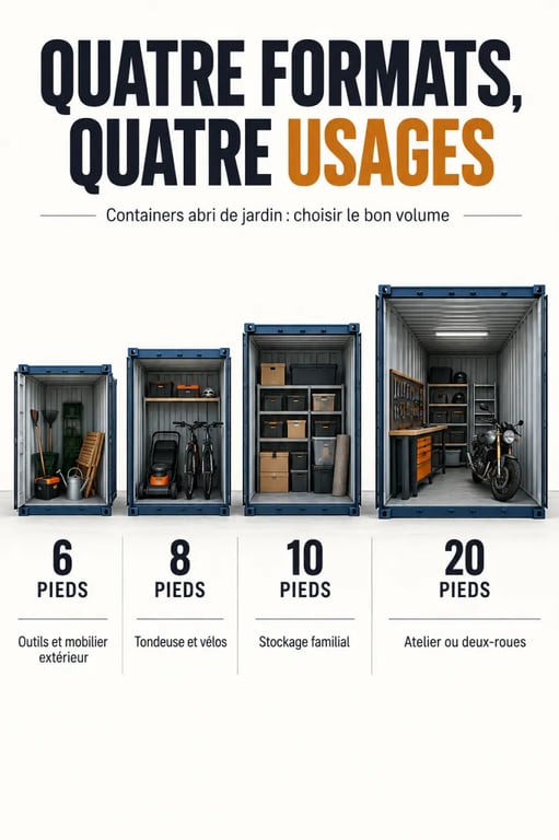 Infographie des formats de container abri de jardin de 6, 8, 10 et 20 pieds selon les usages