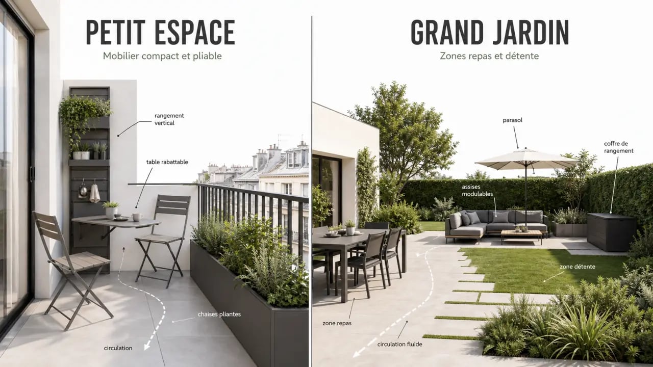 Aménagement d'un espace avec meuble de jardin sur balcon et terrasse