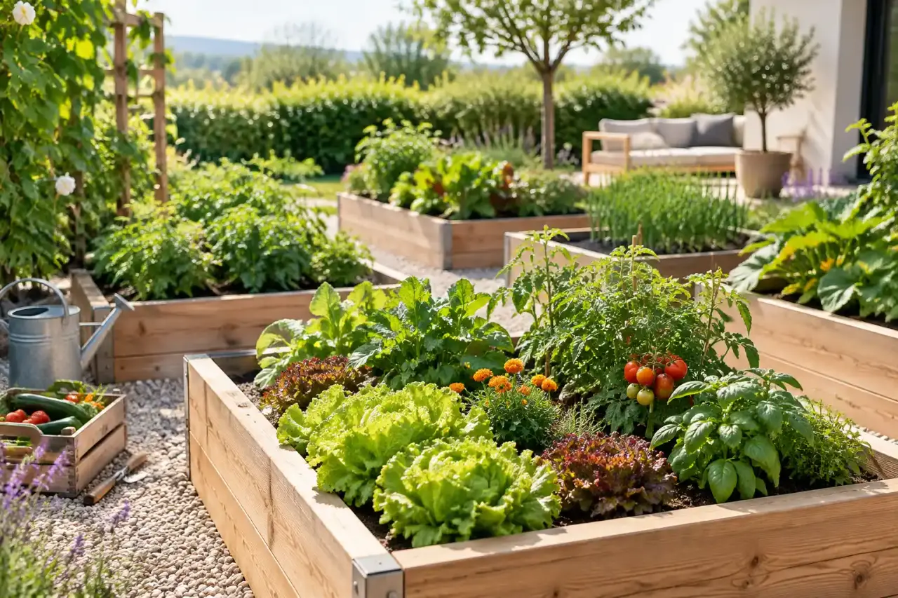 Potager en carrés structuré avec des cultures variées et des allées bien dessinées