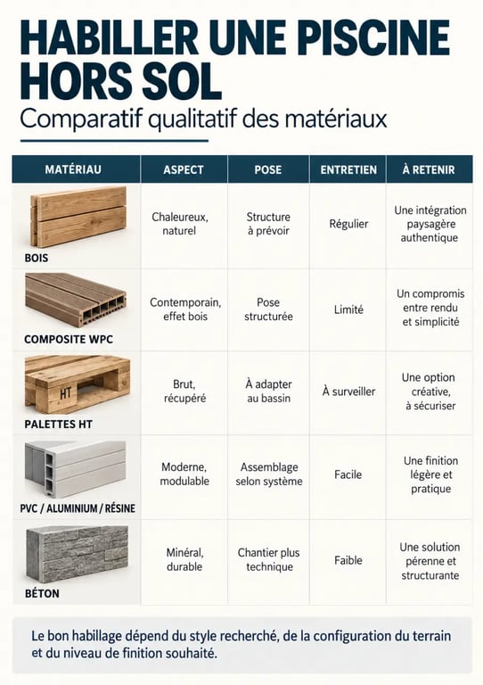Infographie comparative des matériaux pour un habillage de piscine hors sol