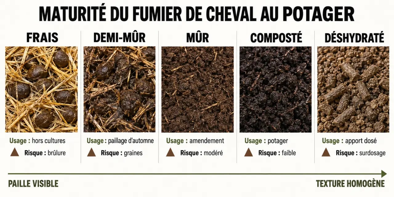Les degrés de maturité du fumier de cheval au potager, du fumier frais au fumier composté