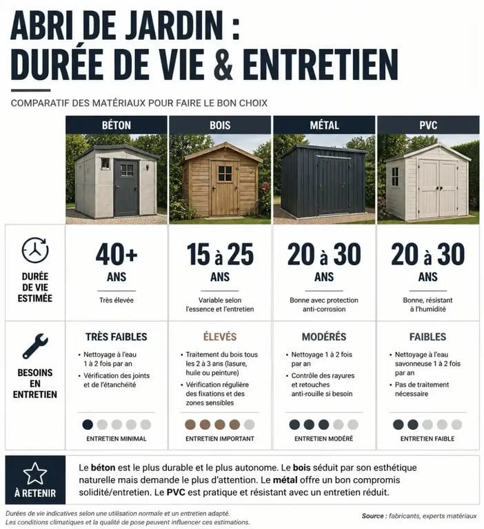 Comparatif des matériaux pour abri de jardin béton, bois, métal et PVC