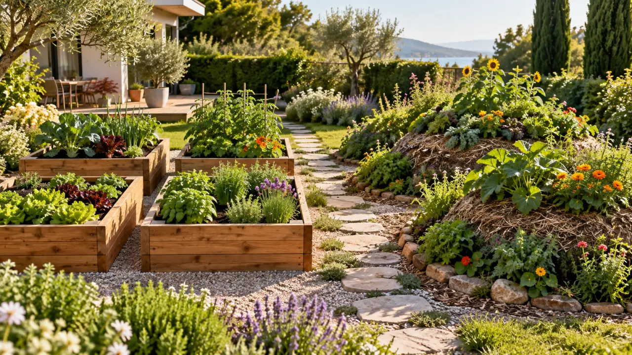 Jardin structuré avec carrés potagers et buttes de culture