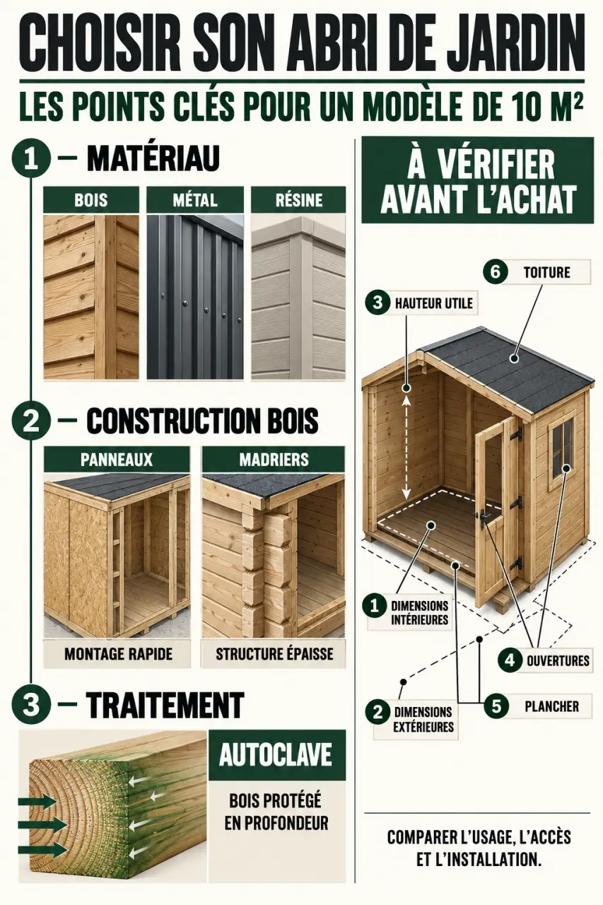 Infographie pour choisir un abri de jardin 10m2 selon le matériau, la construction et les équipements