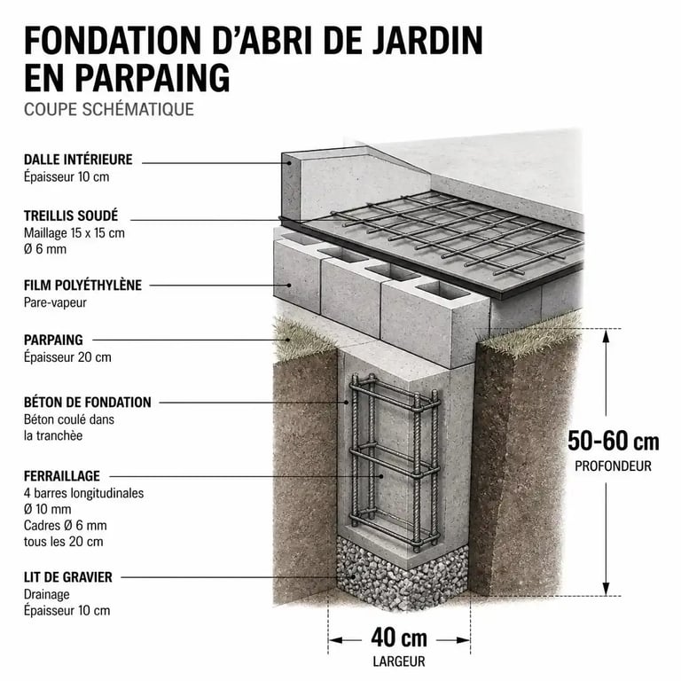 Schéma de coupe des fondations d'un abri de jardin parpaing avec profondeur et drainage