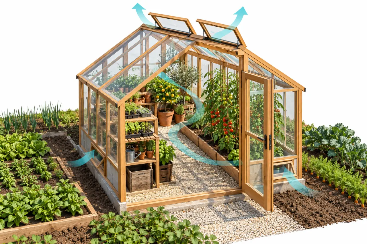 Serre de jardin bois bien ventilée avec allée, ouvrants de toit et cultures organisées
