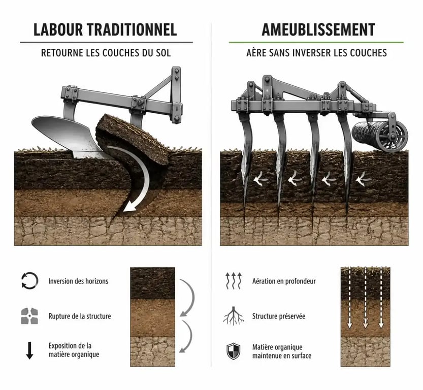 Schéma explicatif : différence entre labourer et ameublir la terre pour le potager