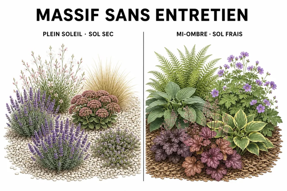 Créer un massif sans entretien : exemple de composition en plein soleil et en mi-ombre