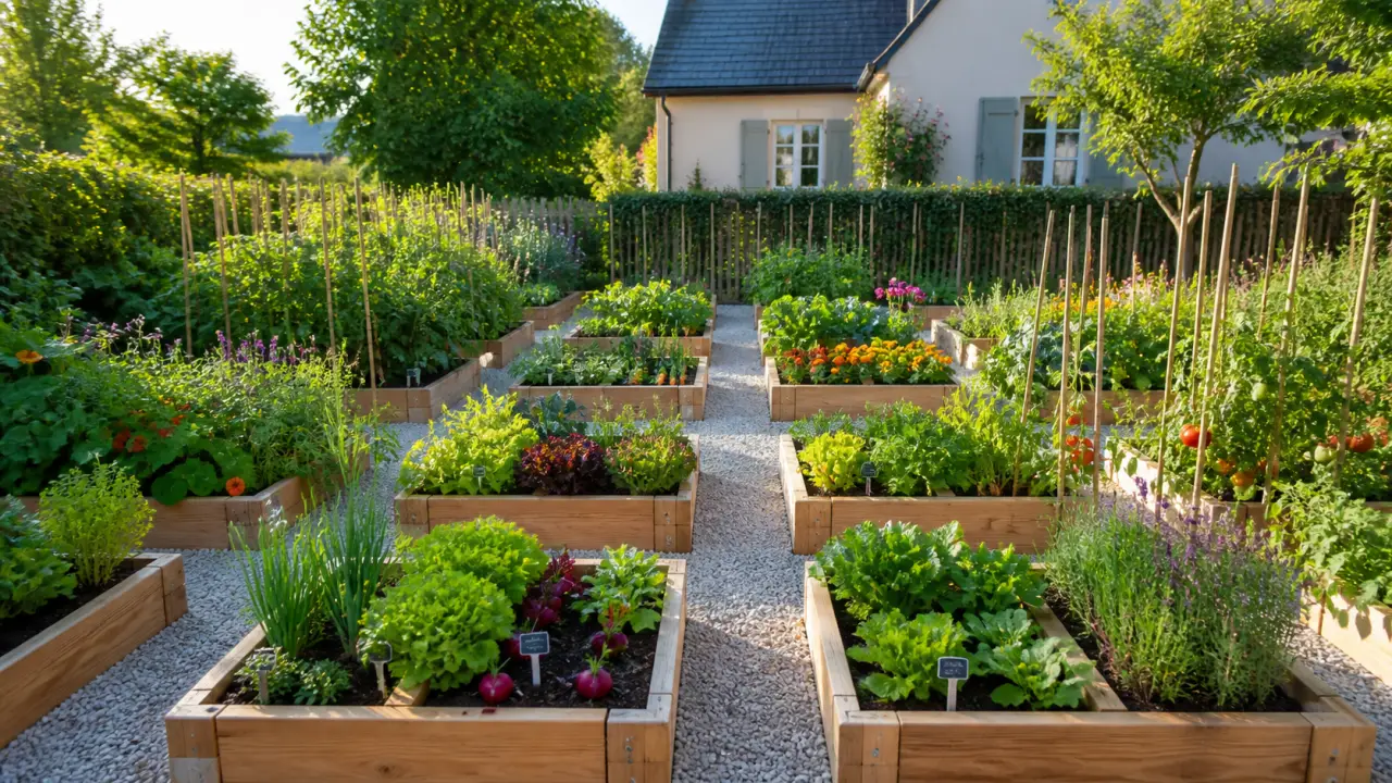 Potager en carrés structuré en damier, baigné par une lumière chaude de fin de journée