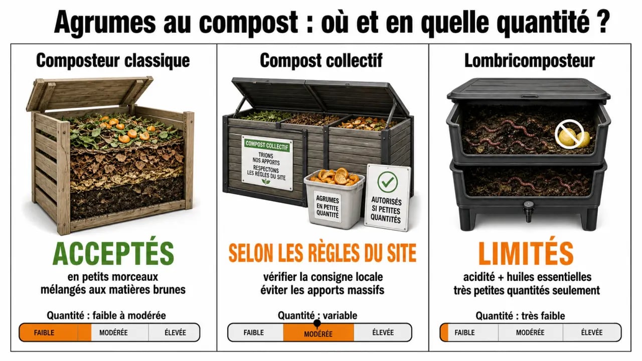 Agrume compost : comparaison des règles selon composteur classique, collectif et lombricomposteur