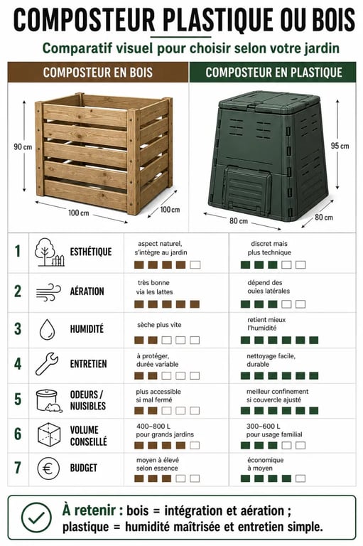 Infographie comparative composteur plastique ou bois avec critères de choix