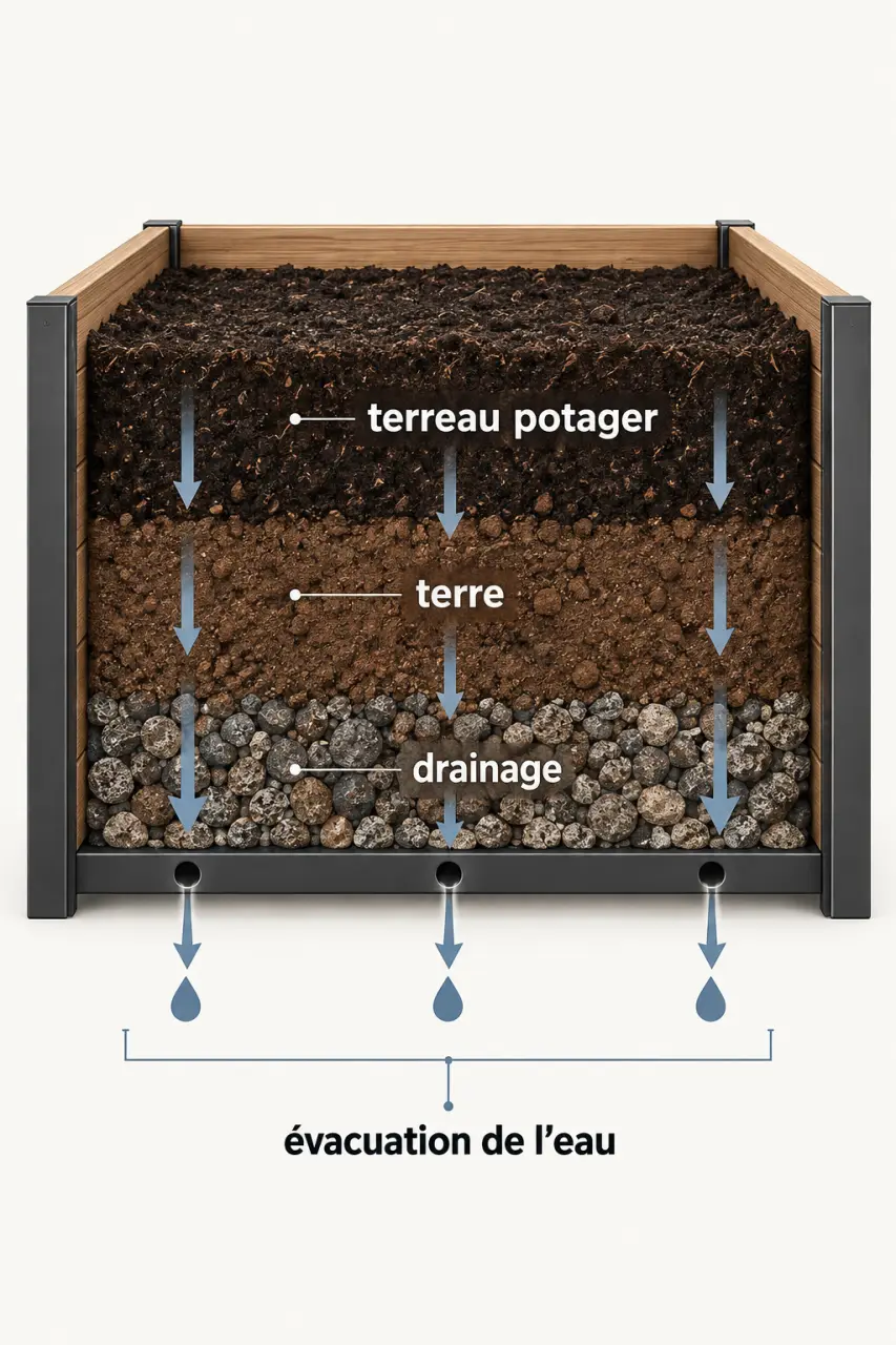 Infographie sur les couches et le drainage d’un bac avec terreau potager