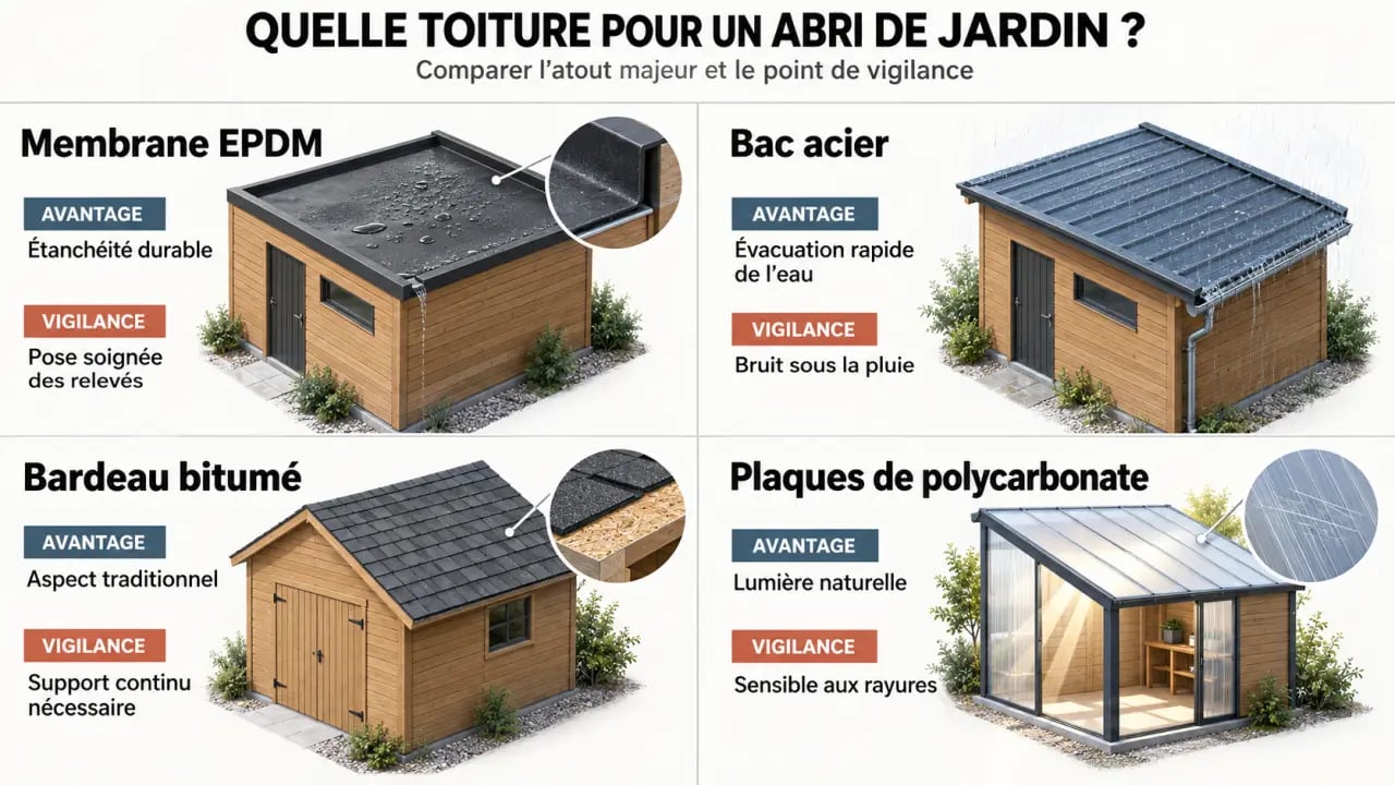 Toiture abri de jardin : comparaison visuelle entre EPDM, bac acier, bardeau bitumé et polycarbonate
