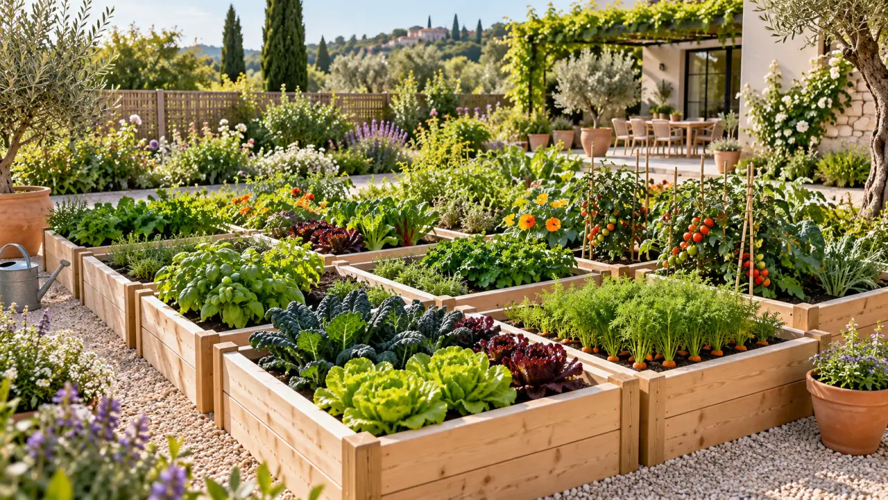 Potager en carrés structuré avec des plantations variées et des allées en terre cuite