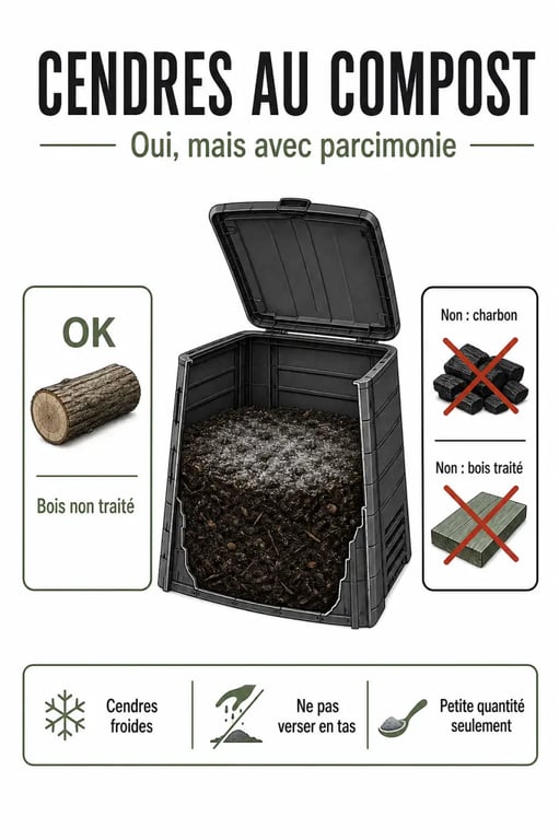 Cendres dans composteur : règle simple pour le bois non traité, la petite quantité et les précautions