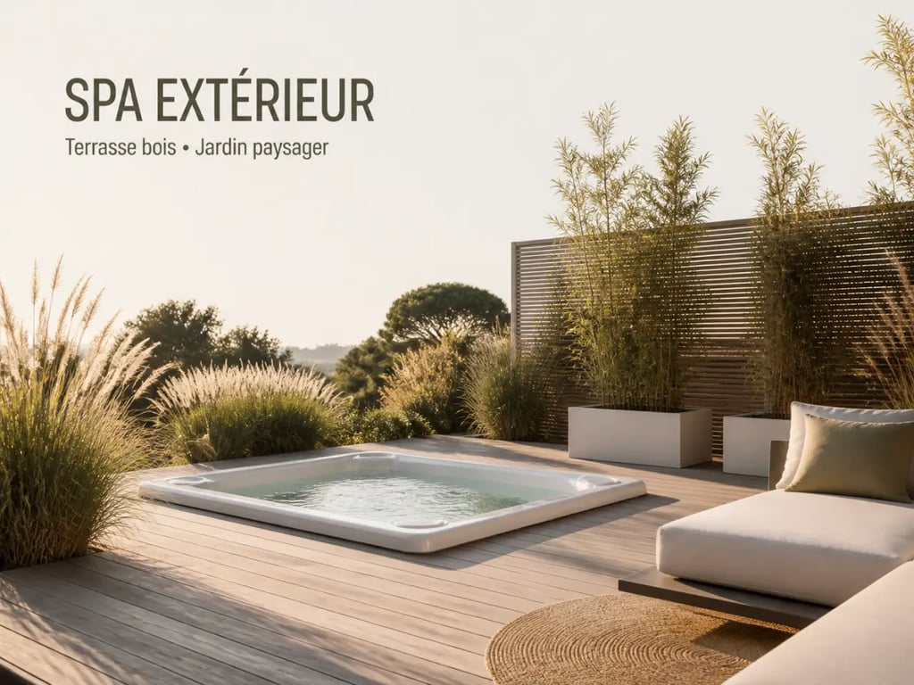 Aménagement spa extérieur dans un jardin paysager avec terrasse en bois, graminées et éclairage doux
