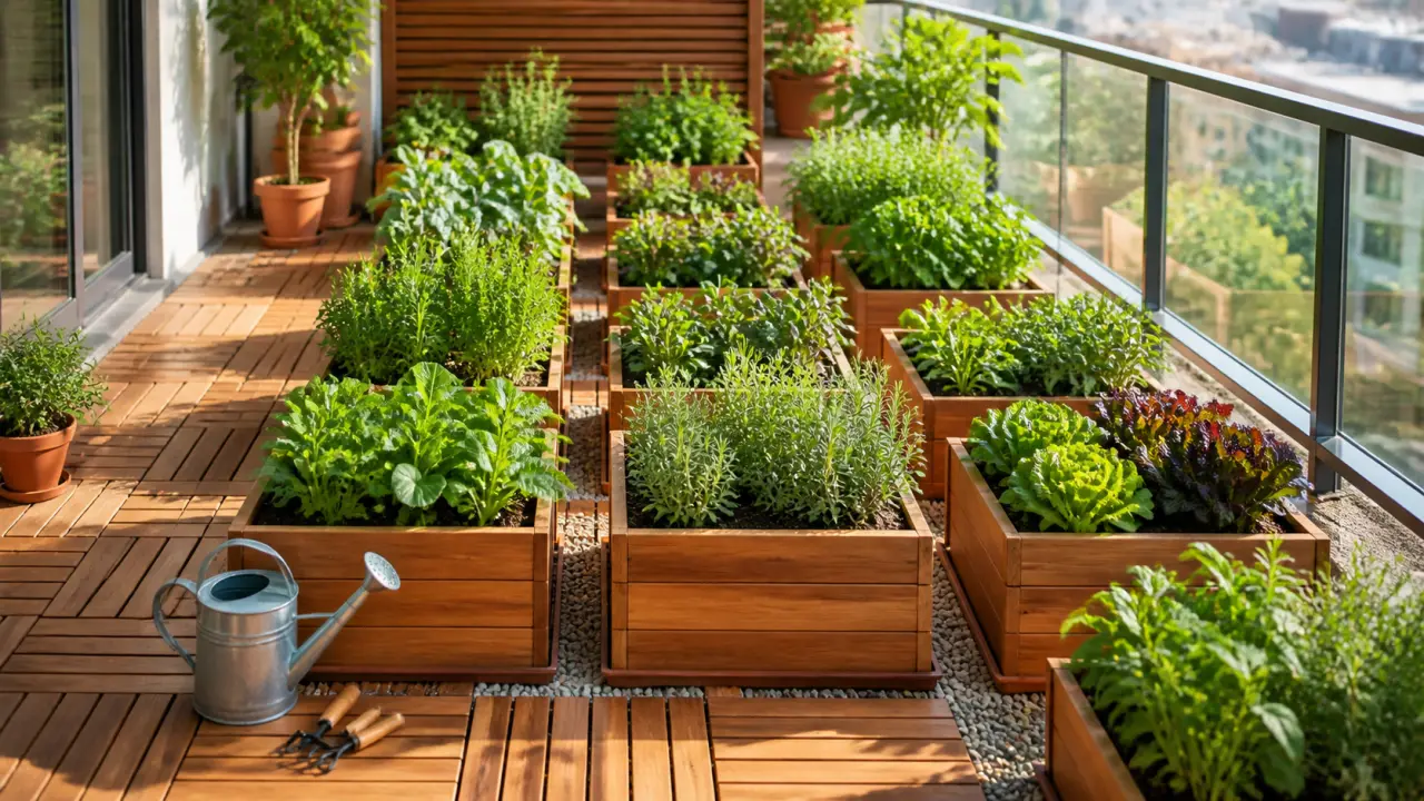 Balcon productif structuré avec bacs alignés, lumière chaude et plantations généreuses