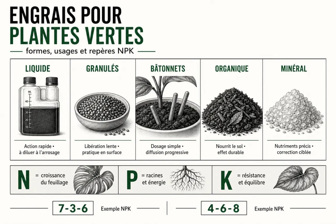 Engrais plante verte : comparatif des formes liquide, solide, organique et minérale avec repères NPK
