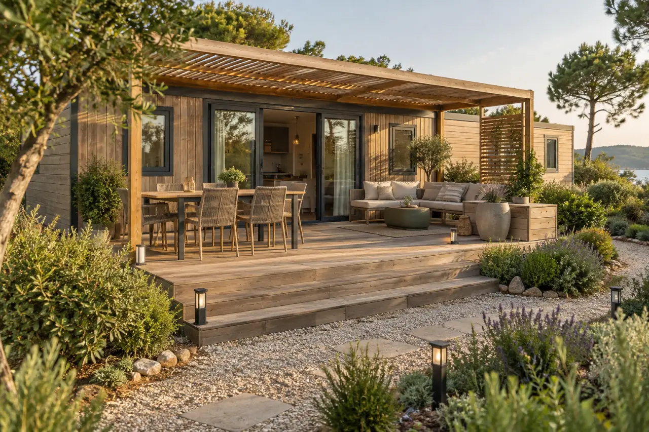 Aménagez l’extérieur d’un mobil-home : une terrasse conviviale, fonctionnelle et durable