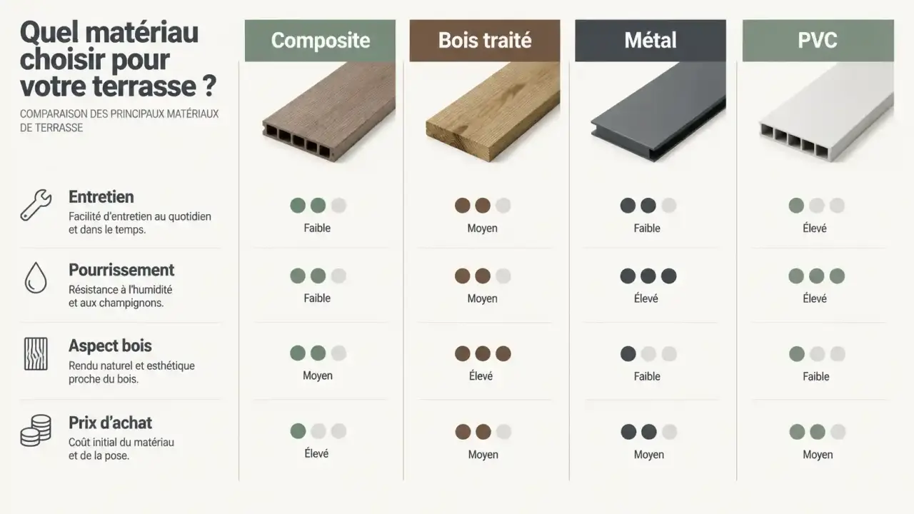 Comparatif visuel abri de jardin composite, bois traité, métal et PVC selon l'entretien, le pourrissement, l'aspect et le prix