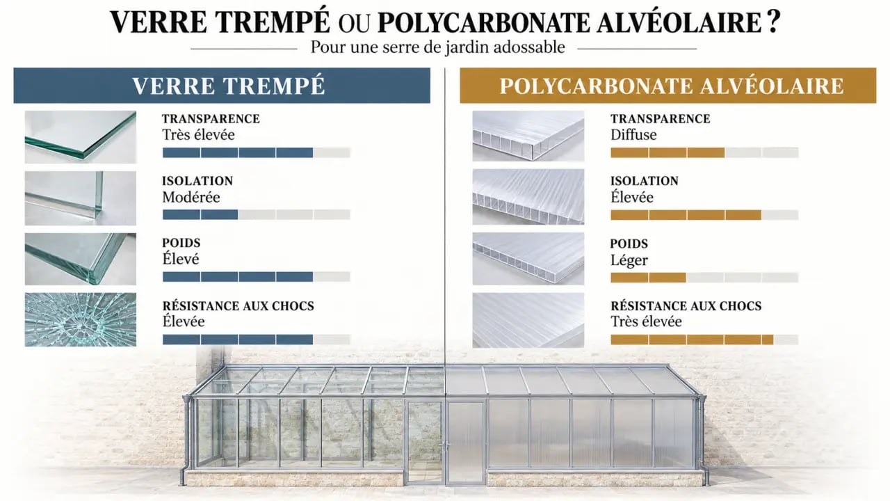 Comparatif pour choisir une serre de jardin adossable en verre trempé ou polycarbonate