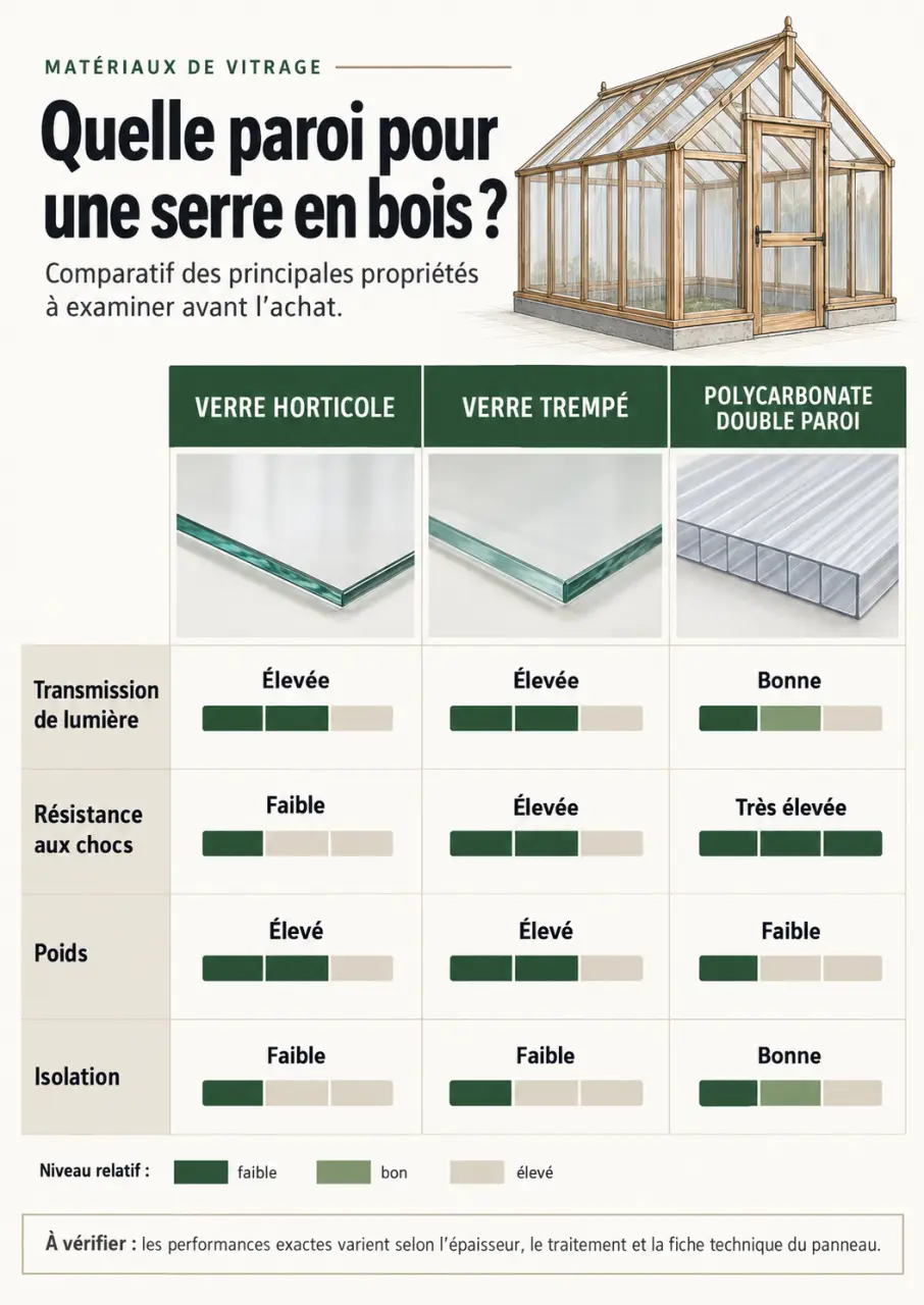 Infographie comparative pour choisir une serre de jardin bois avec vitrage en verre ou polycarbonate