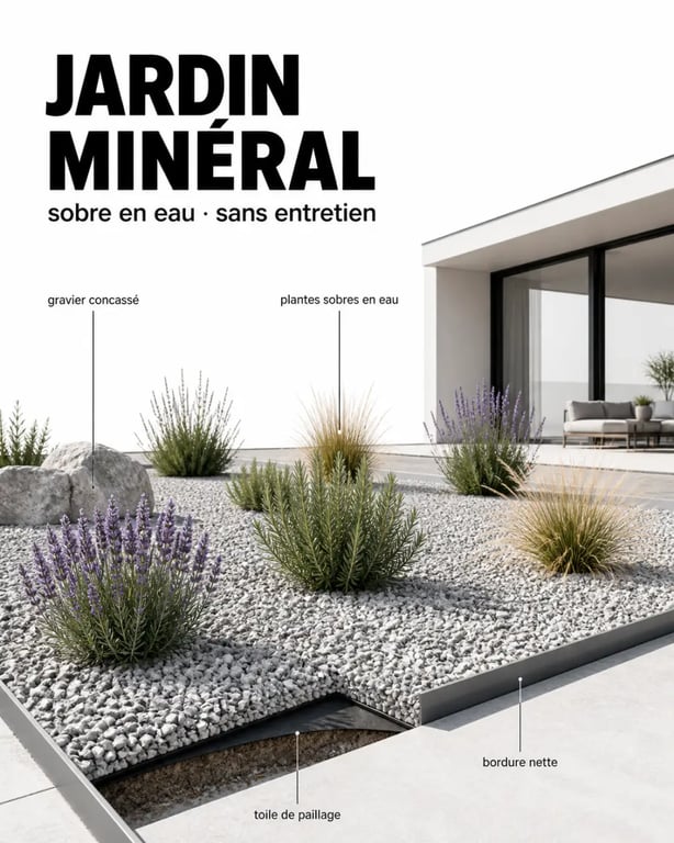 Jardin minéral sans entretien avec graviers, bordures et plantes sobres en eau