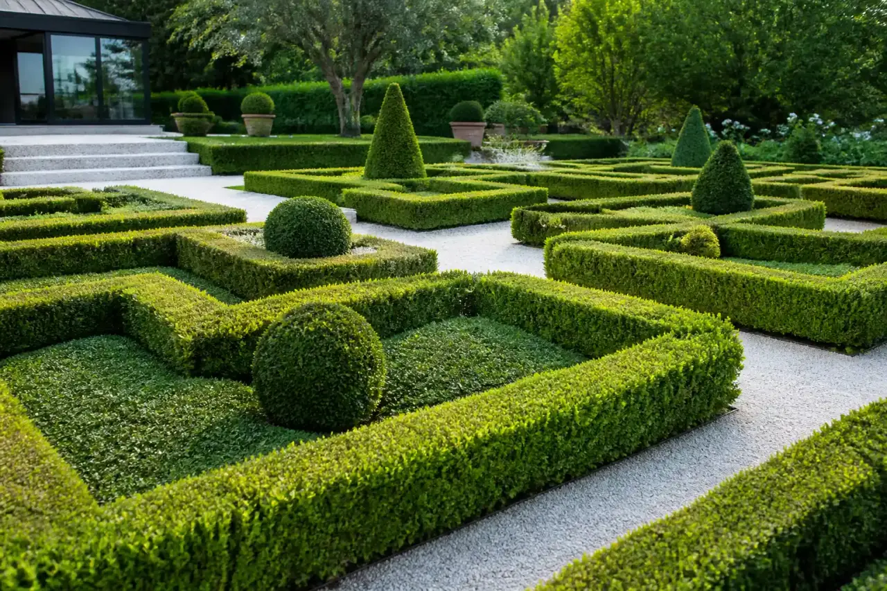 Jardin géométrique en damier avec allées claires, carrés plantés et végétation généreuse