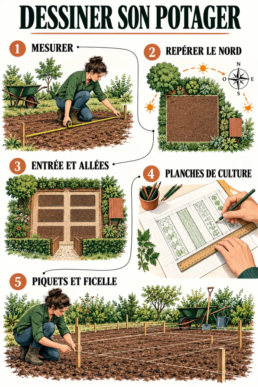 Illustration des étapes pour dessiner un potager, de l’observation du terrain au plan des parcelles