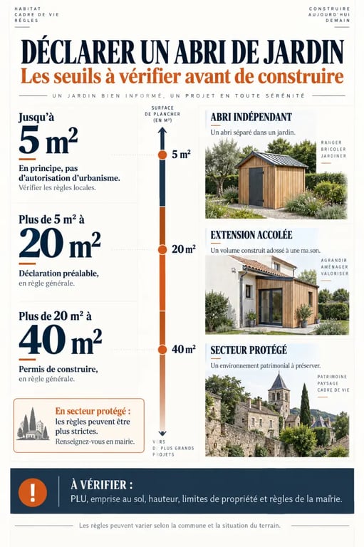 Infographie sur la déclaration d’un abri de jardin et les seuils de surface