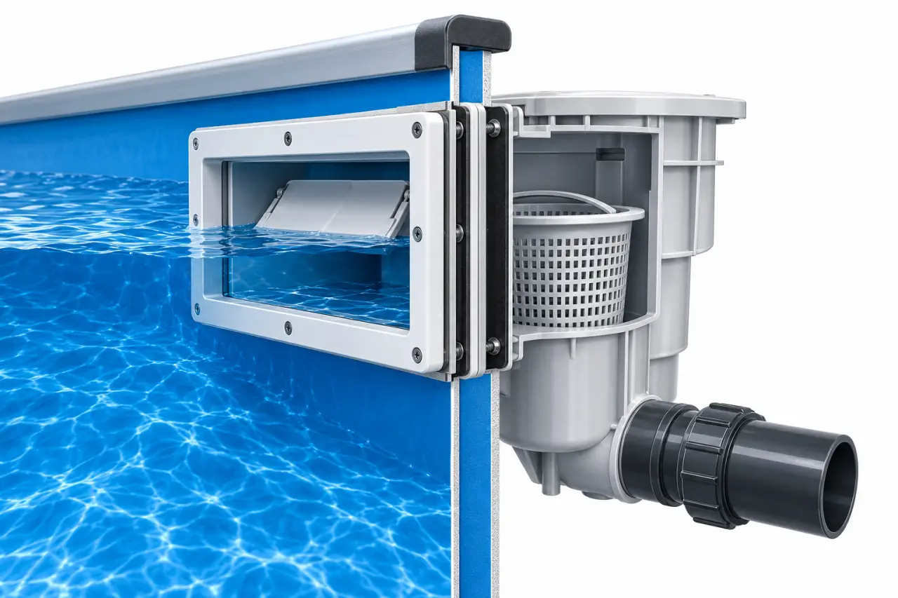 Skimmers piscine hors sol installés avec panier, joints et raccord d’aspiration visibles