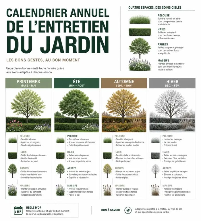 Calendrier visuel de l'entretien du jardin par saison avec pelouse, haies, arbres et massifs