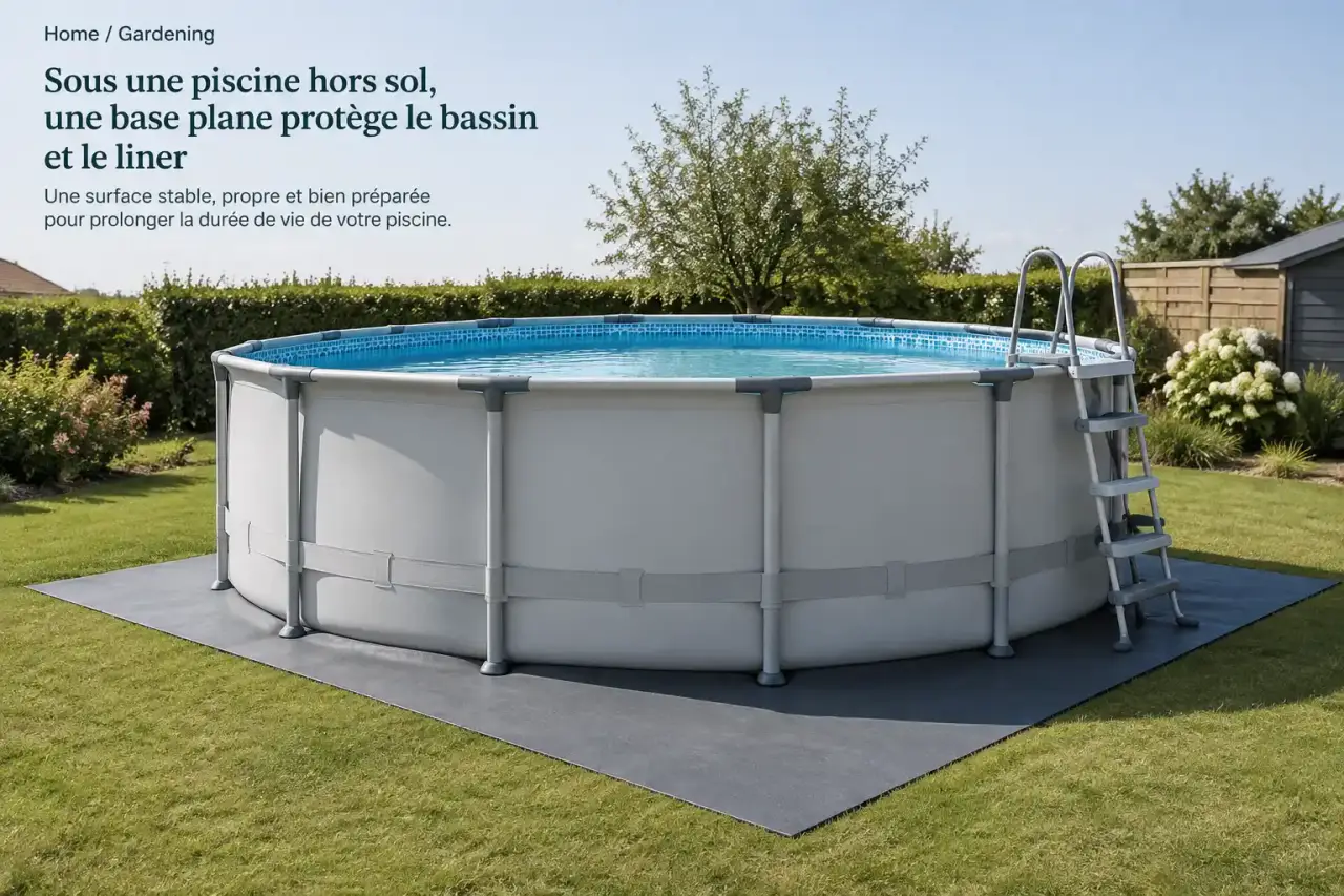 Sous une piscine hors sol, une base plane protège le bassin et le liner