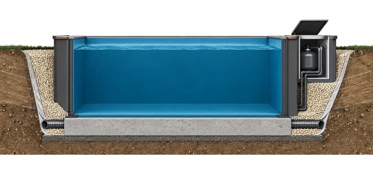 Schéma de coupe pour enterrer une piscine hors sol avec drainage et remblai