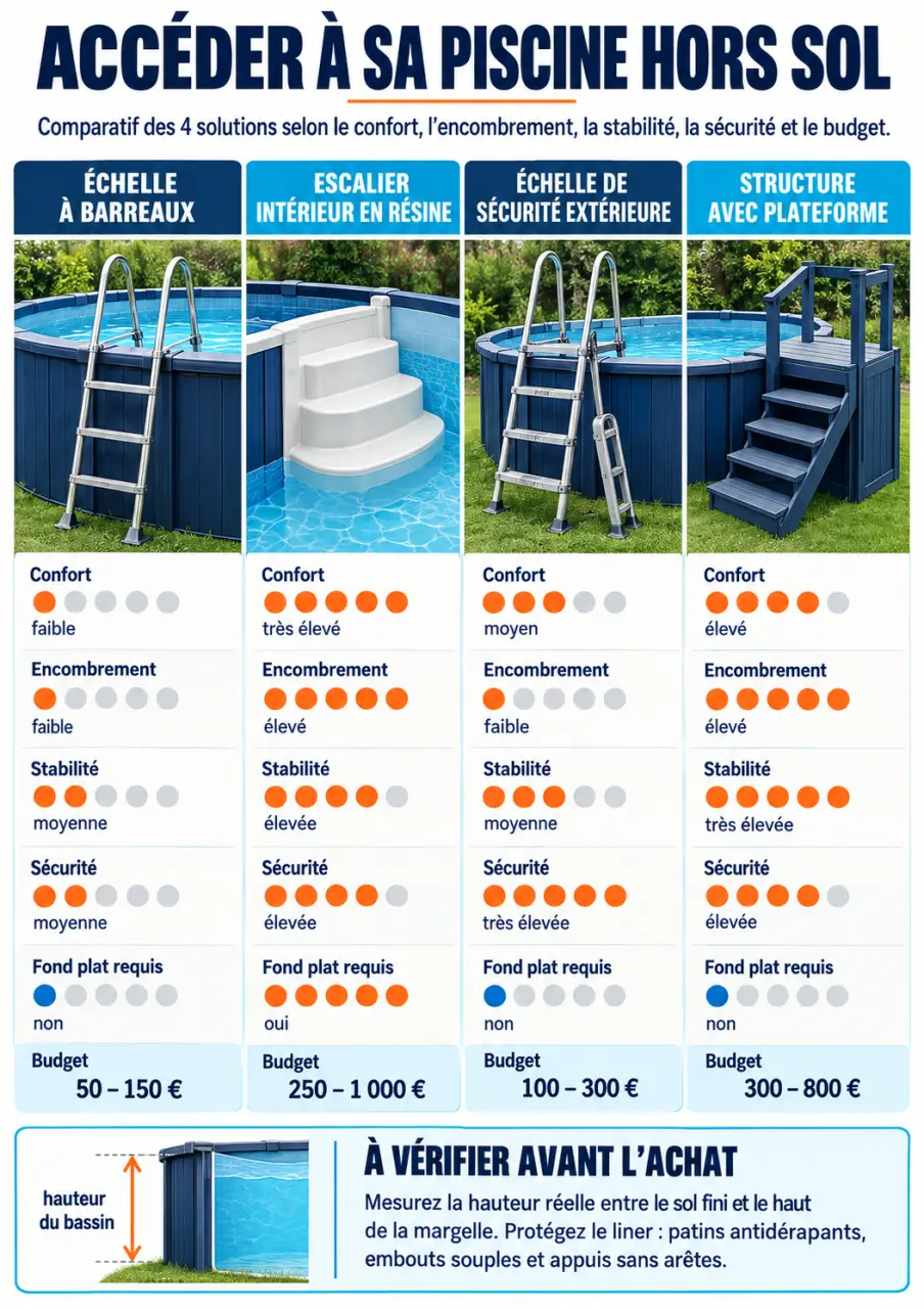 Infographie comparative sur le choix d’un escalier piscine hors sol, d’une échelle ou d’une plateforme