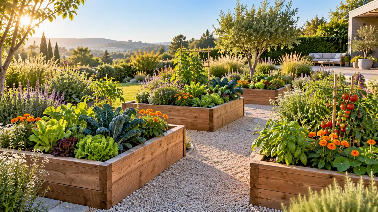 Potager en carrés associant des bacs alignés et décalés au milieu d'une végétation généreuse