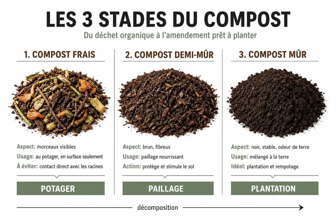 Compost pour jardin : stades frais, demi-mûr et mûr avec usages au potager
