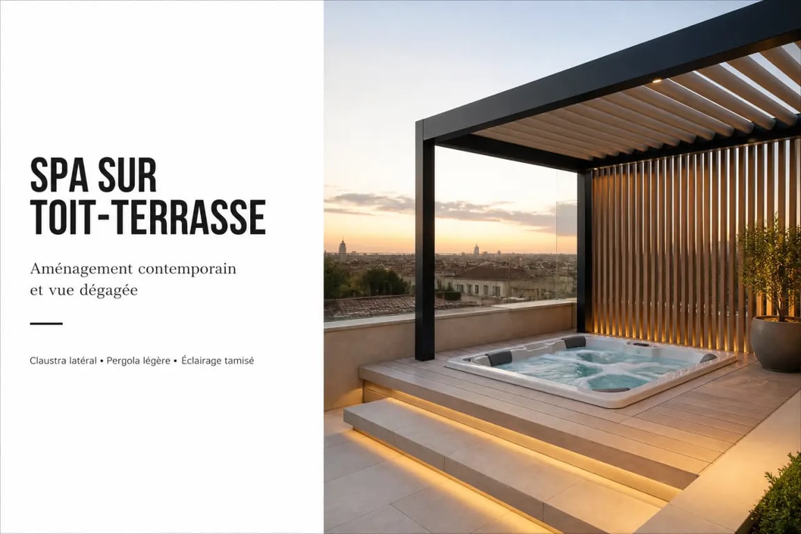 Aménagement spa extérieur sur un toit-terrasse avec vue dégagée, claustra et pergola légère