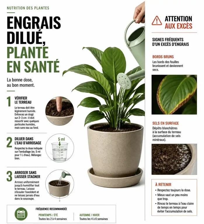 Engrais plante verte : application correcte, dosage dilué et signes d’excès à surveiller